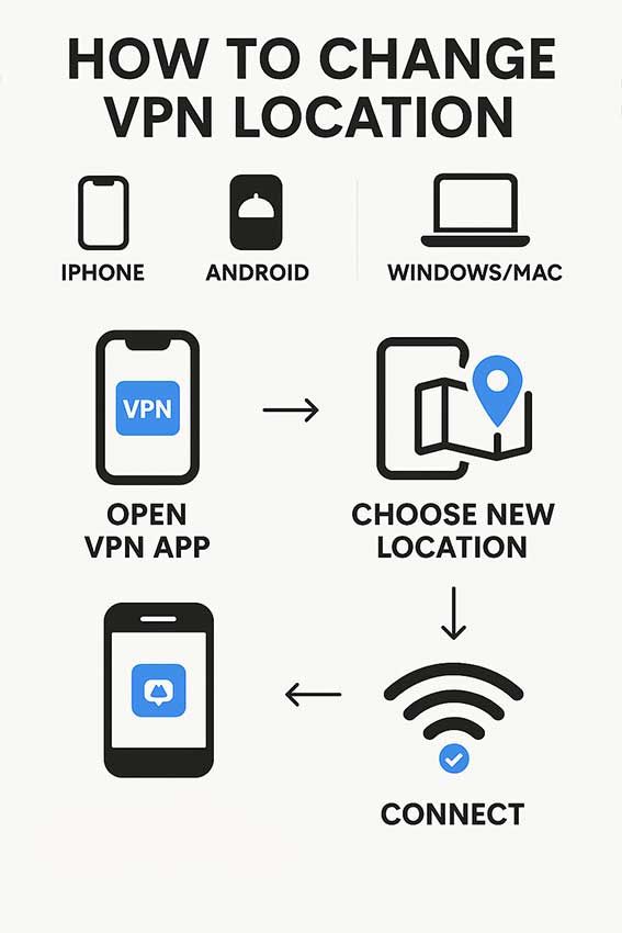 how to chanve vpn location on any device